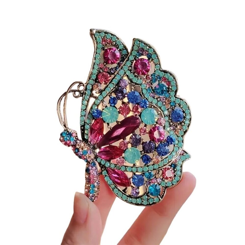 Large Butterfly Brooch Green & Pink Crystals Gold Tone